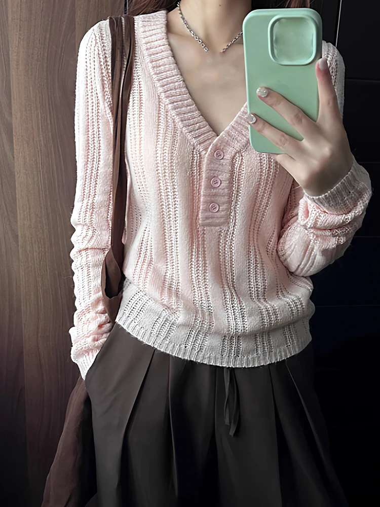 

Sueter Mujer Pink Hollow Out Pullovers Women 2025 Autumn Clothing Slim Fit Pull Femme Loose V-neck Button Knitted Sweater Korean