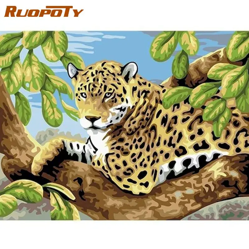 RUOPOTY Oil Painting By Numbers Leopard On Tree Animal Picture By Number Handmade 60x75cm Framed Canvas Home Decoration