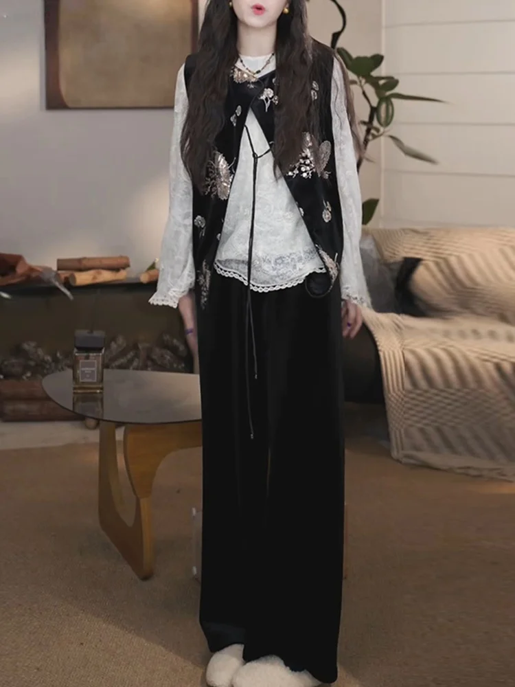 

Elegant Autumn Fashion Embroidered Lace Hollow out Velvet Shirt And Vest Set Women's Chic Casual Outfit Three-Piece Ensemble