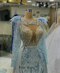 Sparkly Sky Blue Mermaid Prom Dresses 2023 For Black Girls Glitter Sequins Feathers Dubai Birthday Party Gala Evening Gowns