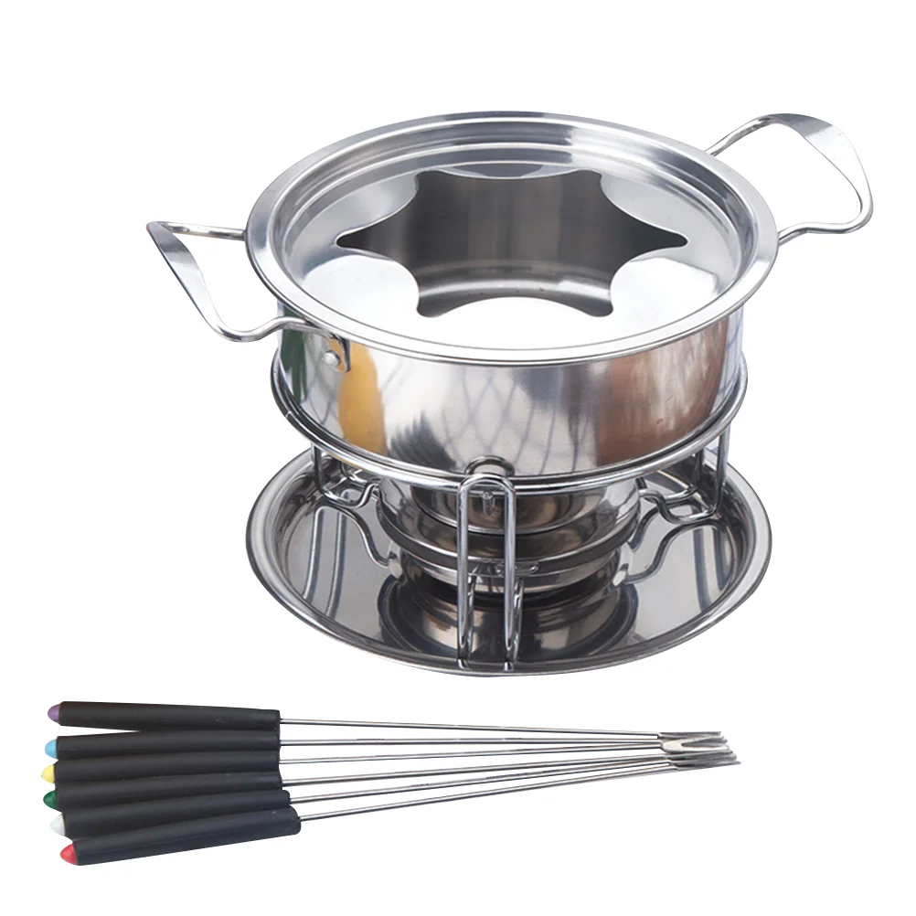 

Stainless Steel Chocolate Melting Pot Cheese Fondue Set 6 Color Coded Forks Splatter Guard Even Heating Gifts Dinner