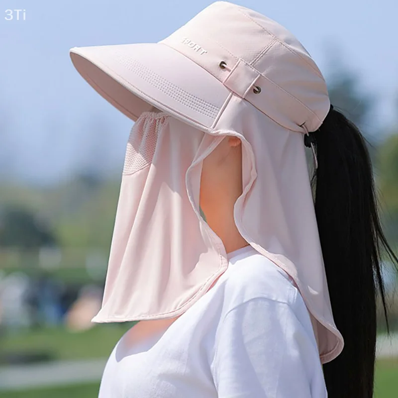 여성 와이드 브림 페이스 마스크 태양 모자 분리형 목 페이스 플랩 포니 테일 UV 보호 바이저 모자 정원 낚시 하이킹