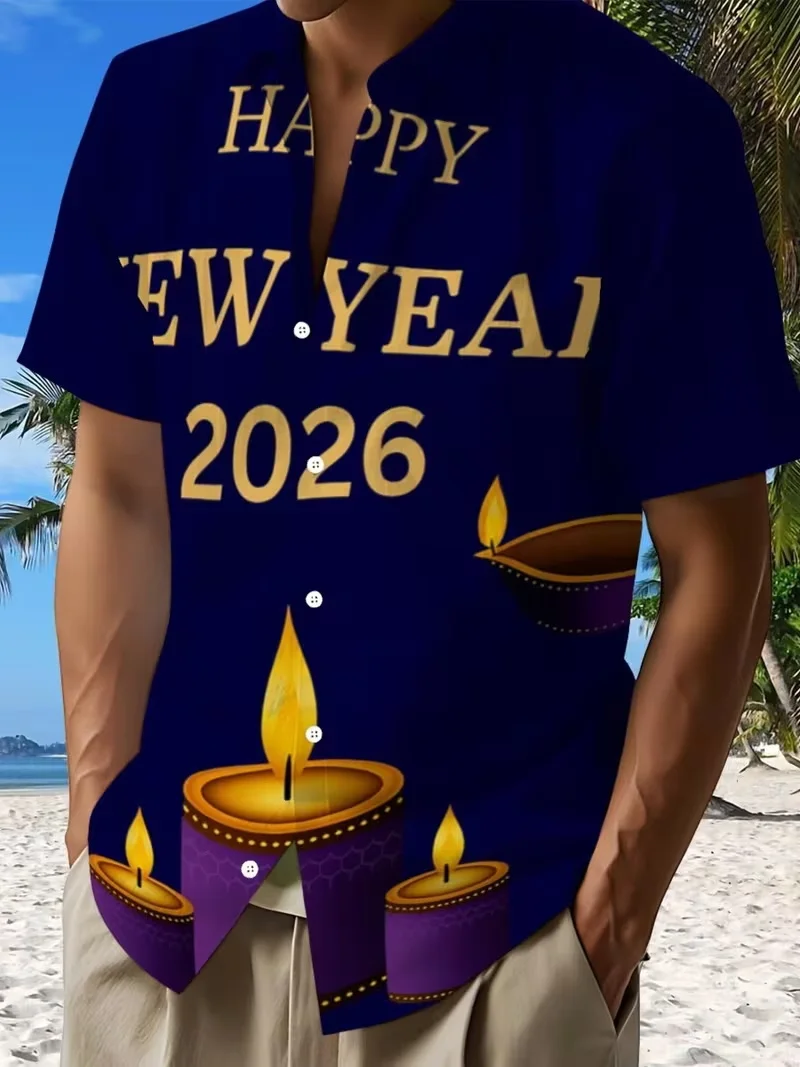 

2026 С Новым годом Гавайские рубашки Одежда для мужчин и женщин с коротким рукавом на пуговицах Пляжная рубашка Топ с 3d принтом Новогодние праздничные рубашки