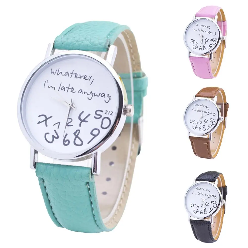 

Women Whatever Im Late Anyway Letter Round Dial Faux Leather Strap Quartz Watch