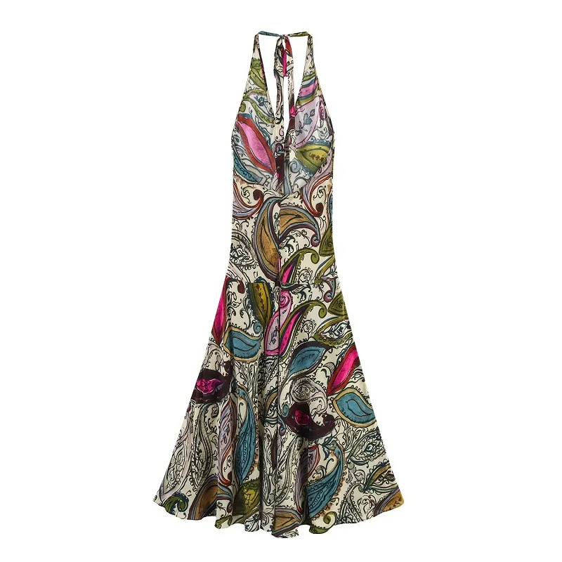 MUJER Stampa Abiti lunghi con scollo all'americana per donna Boho Beach Maxi abito Donna Abiti da festa sexy senza schienale Abito da donna per le vacanze