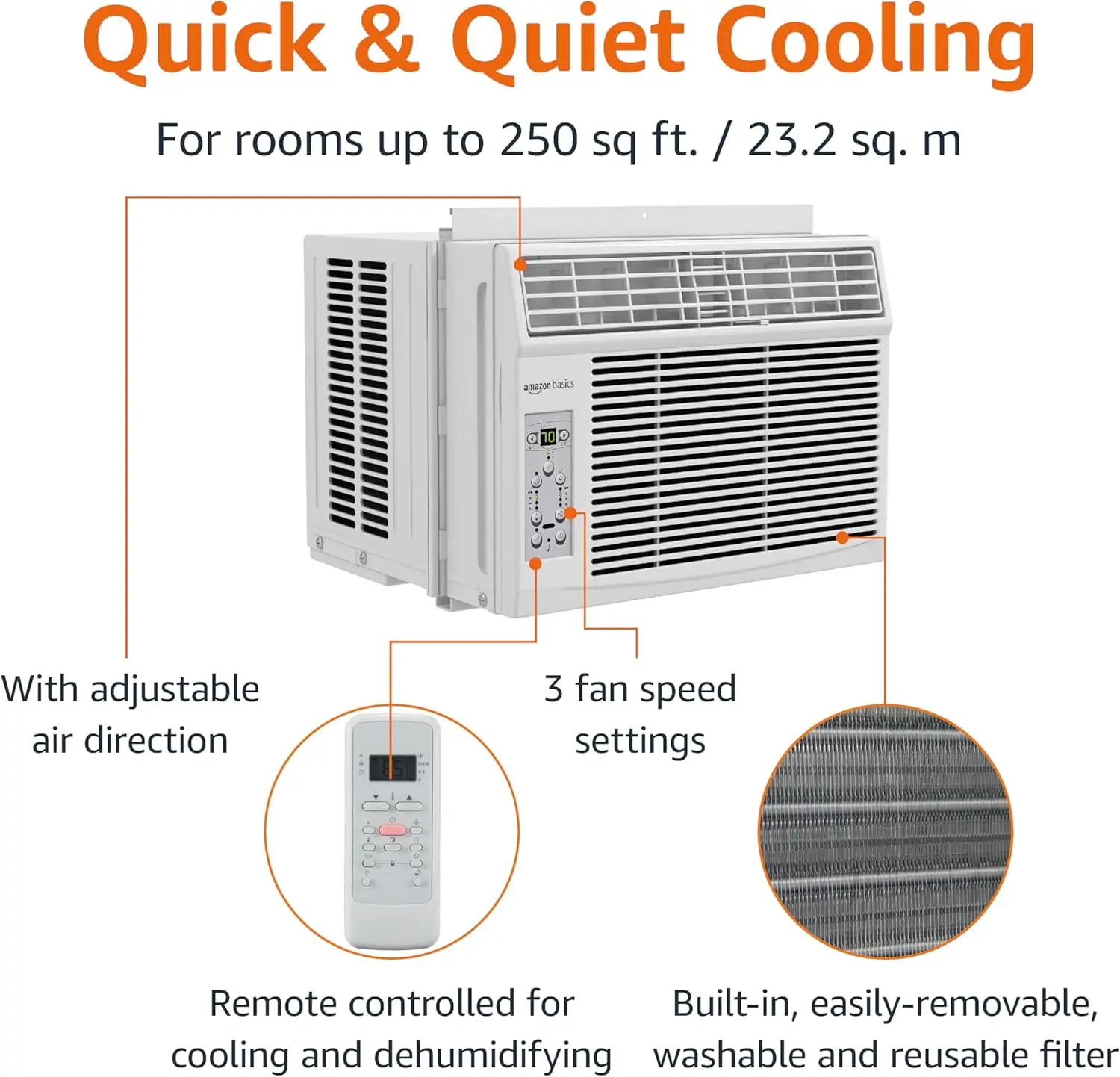 مكيف هواء نافذة أساسيات، 6000 وحدة حرارية بريطانية، يبرد حتى 250 قدم مربع. قدم، وحدة تيار متردد بيضاء، جهاز تحكم عن بعد