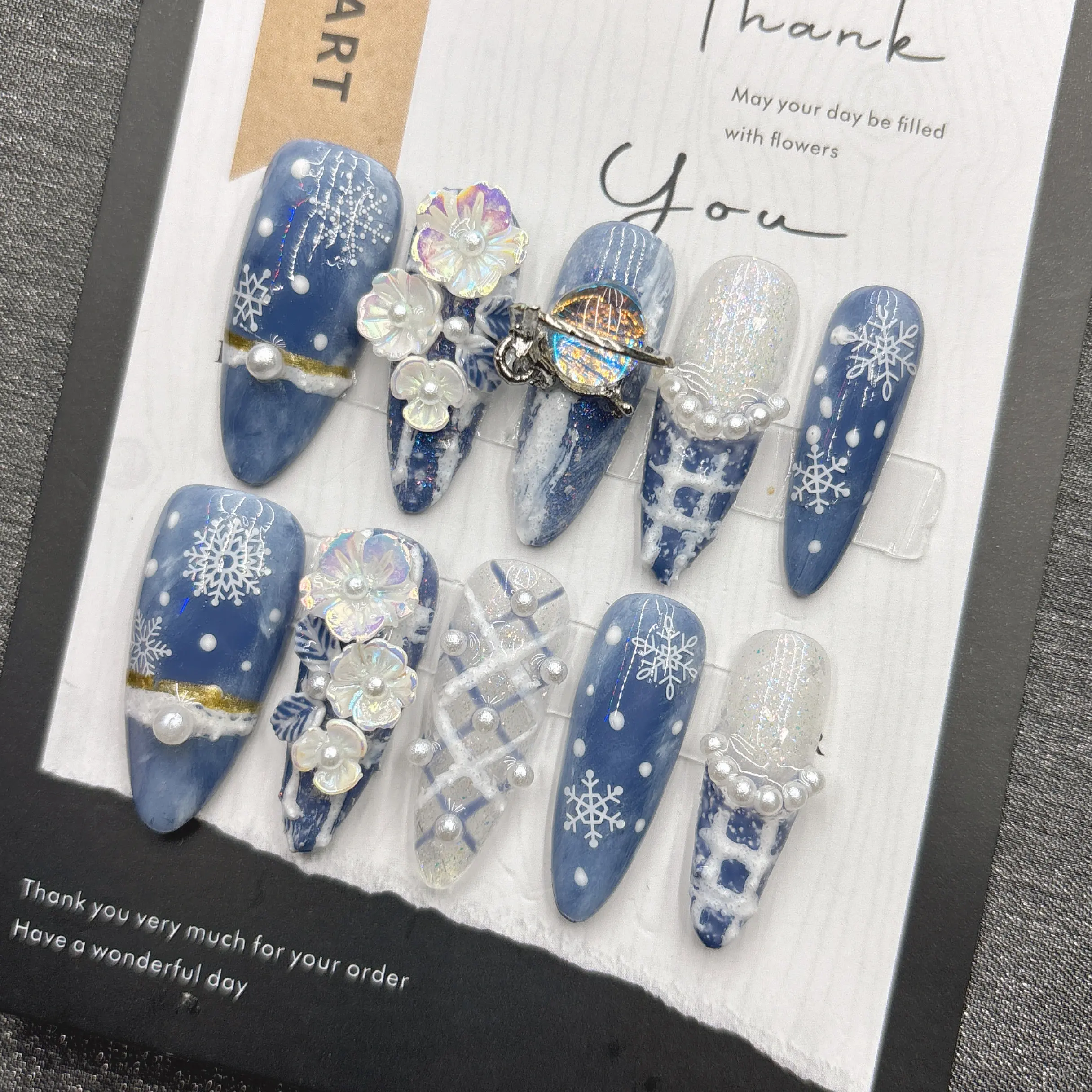 Winter Snowflake Press On Nails Medium Coffin 3D Iridescent Flower Pearl Charms Haze Blue Nail Art Set
