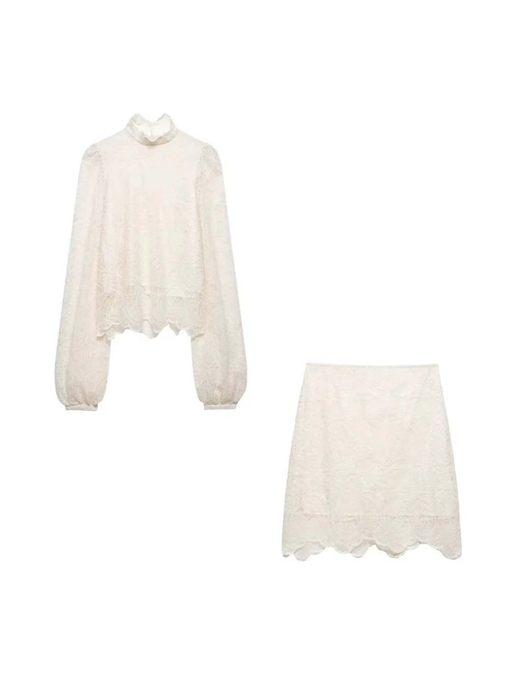 

Withered New Women's Lace Patchwork Bubble Sleeve Long Sleeved Shirt+mini Skirt Set