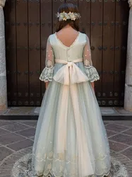 Princess Blue Flower Girl Dress Lace Floral Ribbon Belt Bridemini Ruffle Edge Folds For Wedding First Communion Ball Gowns