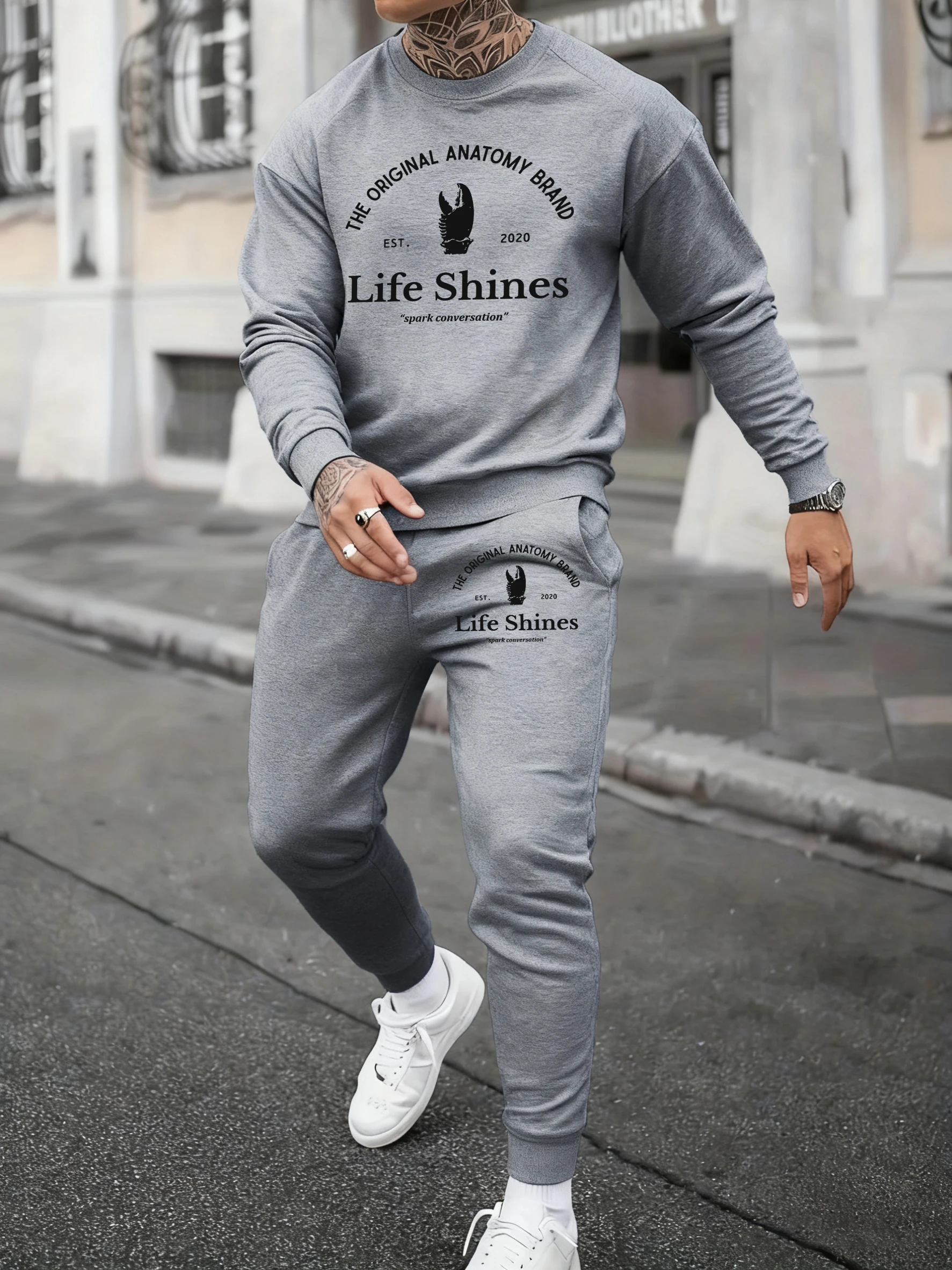 

Комплект мужских флисовых спортивных штанов и мягкой толстовки Life Shine Spark Conversation Prints для осени и зимы, без капюшона, для уличного спорта