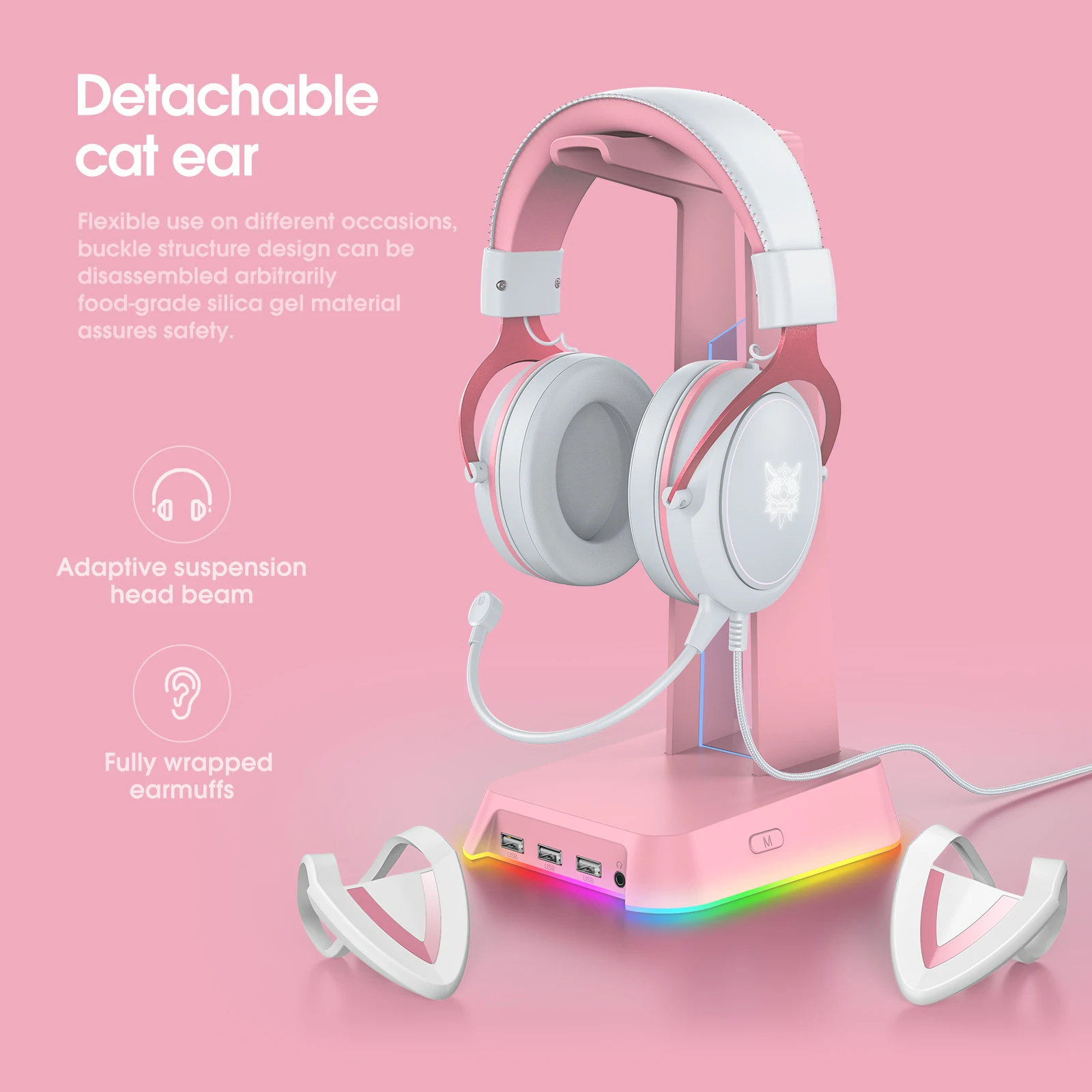 Onikuma Professional Gaming Headset With RGB Light Headphones Cat Ears Pink Portable Earphones With Noise Cancelling Microphone