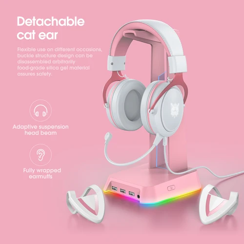 Imagen 1 del producto Onikuma-auriculares profesionales para videojuegos con luz RGB, cascos portátiles rosas con orejas de gato y micrófono con cancelación de ruido