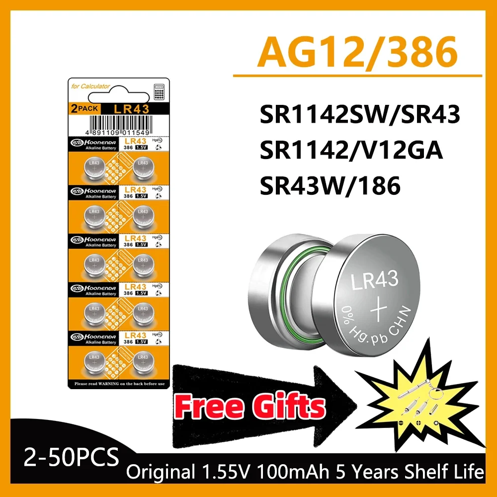 5-50Pcs LR43 Batteries 1.5V AG12 Button Cell Battery Long-Lasting Leak-Proof L1142 SR43 SR43 260 386 Battery for Watch Toys