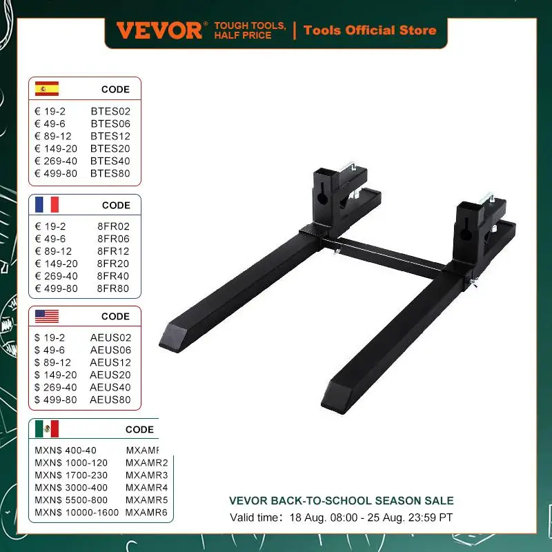 

VEVOR Pallet Forks 1500 /2000 /4000 LBS Heavy Duty Tractor Clamp on Bucket Forks 43 / 60 Inch Length with Adjustable Stabilizer