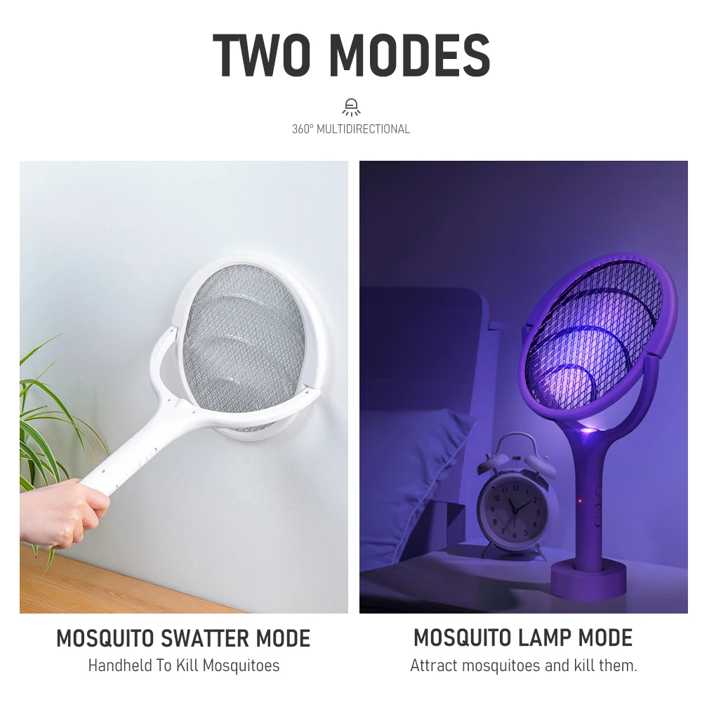 90 Degree Rotatable Mosquito Killer Lamp Electric Shocker UV Light Bug Zapper Trap Flies Summer Fly Swatter With Extension Rod