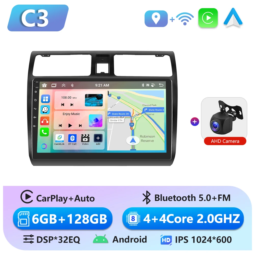 Podofo 6 + 128G CarPlay Android Auto 2 Din Autoradio voor Suzuki Swift 2005-2010 Multimedia Video speler GPS Stereo WIFI Head Unit