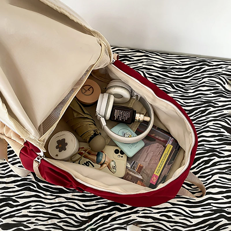 Retro Contrasting Color Backpack Large Capacity Nylon Backpack Student Fashion Simple School Bag Travel Zipper Laptop Rucksack