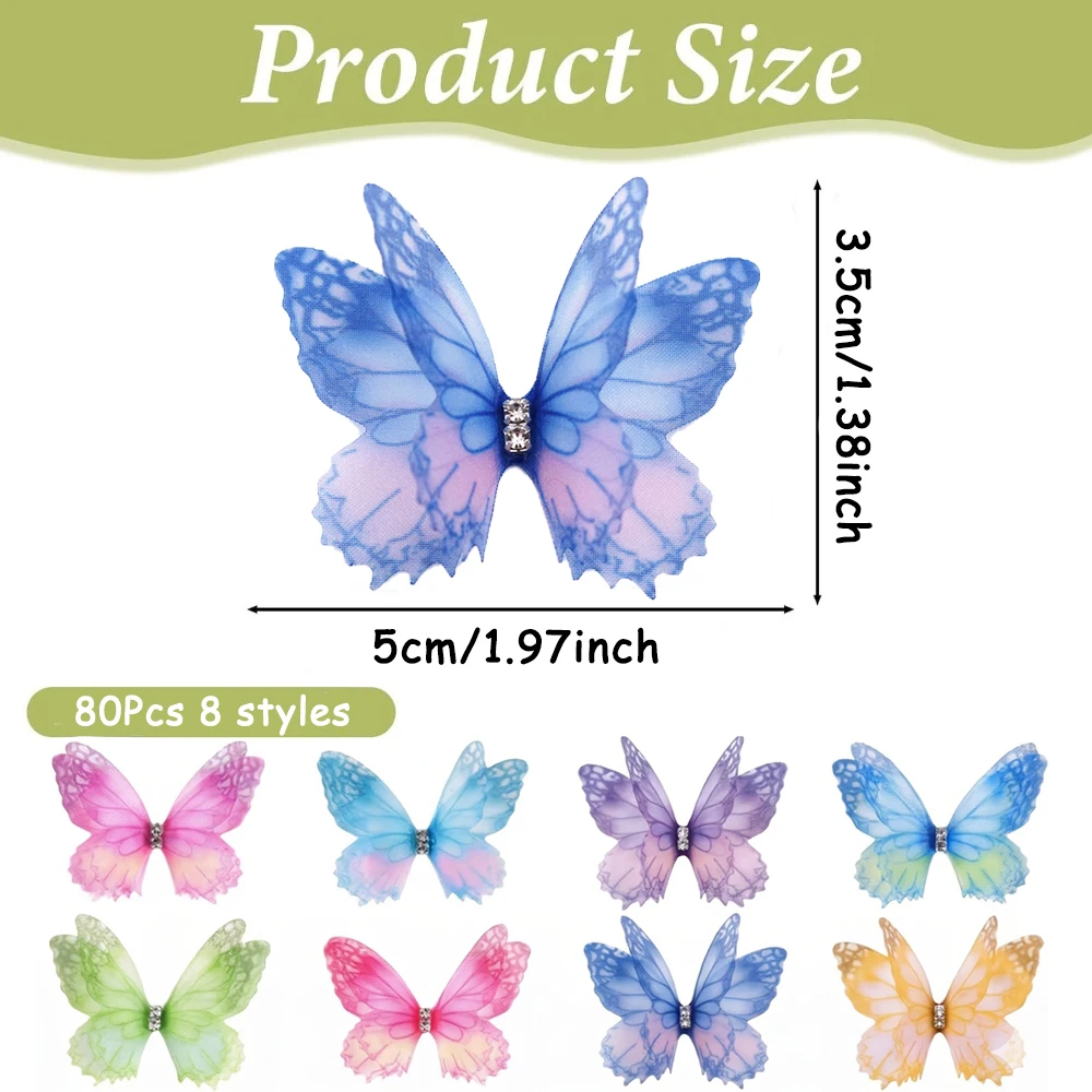 Picture 3: 80Pcs Organza Butterfly Crafts 2 Layers Butterflies 3D Organza Ornaments for DIY Crafts Wall Decorations Wedding Appliques