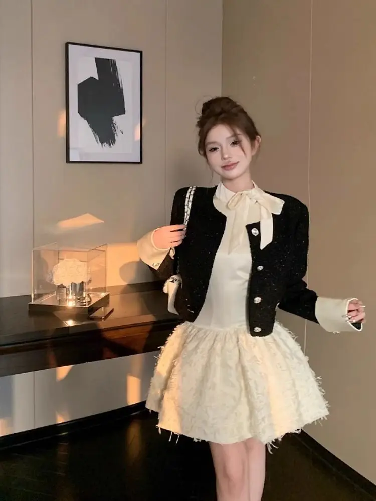 

Комплект в стиле Rich Miss Small Fragrance: Пышное платье премиум-класса для весеннего сезона, полный комплект для весеннего гардероба, с коротким и длинным рукавом