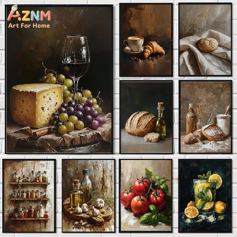 AZNM Unframed Canvas Print Kitchen Food Still Life Oil Painting Wall Art Wine Bread Tomato Home Decor Poster