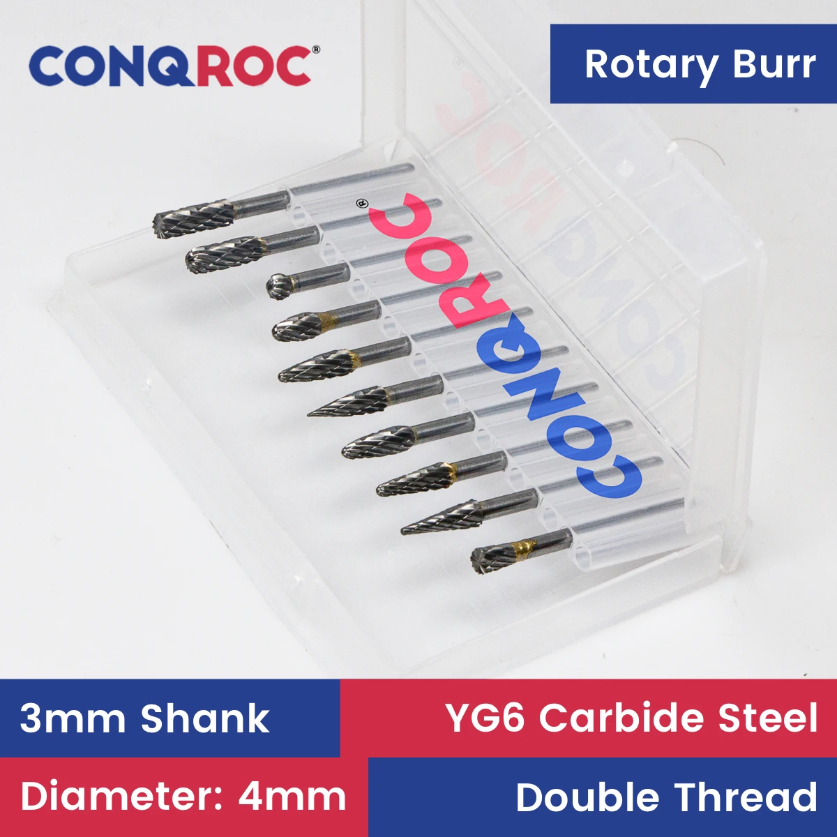 Rotary Burrs Set 3mm Shank Diameter-4mm 10-Different-Type Tungsten Carbide Double Cut Milling Cutters Kit for Dremel