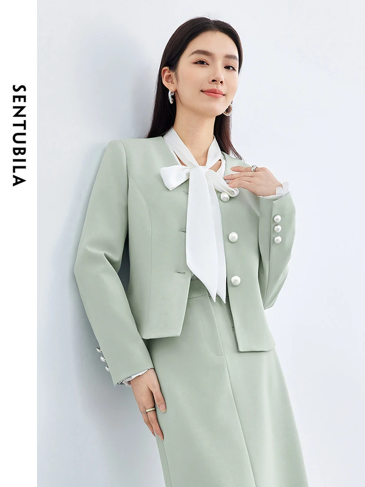 

SENTUBILA V-neck Casual Blazers for Women Elegant Glossy Button Suit Jacket 2024 Spring Autumn Green Cropped Blazer 141X53008