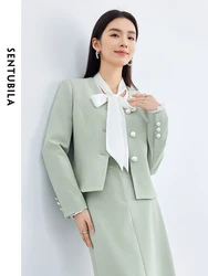 SENTUBILA V-neck Casual Blazers dla kobiet Elegancka błyszcząca marynarka z guzikami 2024 Wiosna Jesień Zielona przycięta marynarka 141X53008