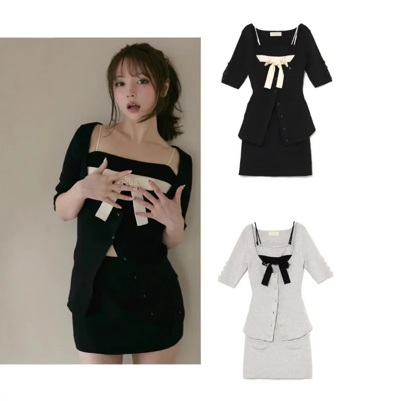 New Japanese Rojita Style Sweet Girl Bow Slim-fitting Knitted Cardigan+slings+skirt Three Pieces Set Women's Daily Wear Clothes