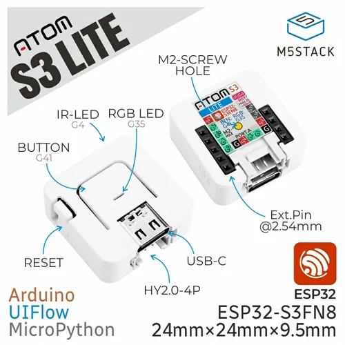 Imagen 2 del producto M5Stack AtomS3 Lite Atom Series ESP32-S3FN8 controlador programable 8M memoria Kit de desarrollo Wi-Fi para nodo IoT