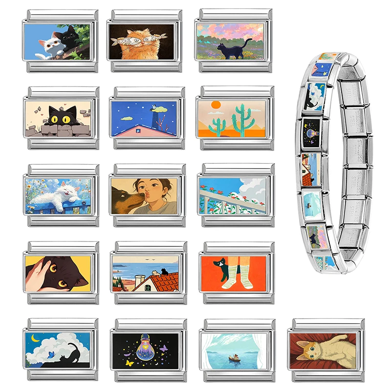 Y2K Süße Katze Blauer Himmel Seestern Italienische Charm-Links Passend für 9mm Edelstahl Damenarmband DIY Schmuckherstellung Geschenk Großhandel – Detail 2