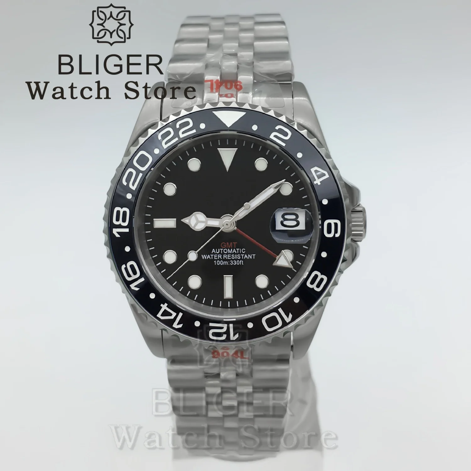 ساعة غواص BLIGER 40 ملم NH34 GMT للرجال إطار سيراميك أسود زجاج الياقوت أحمر أزرق أبيض أخضر GMT نص ويد مقاومة للماء