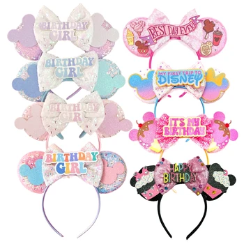 Mickey Mouse Ohren Stirnband Frauen Rot Pailletten Geburtstag Mädchen Bogen Minnie Haarbänder Für DIY Disneyland Haar Zubehör Kind Geschenk
