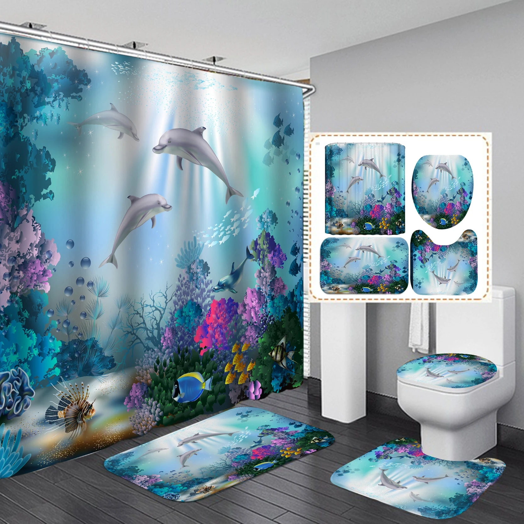 Blue Dolphin Ocean Bathroom Shower Curtain Non-slip Bath Mat Carpet and Rug Sets Toilet Mat Rug Modern Waterproof Bath Curtain