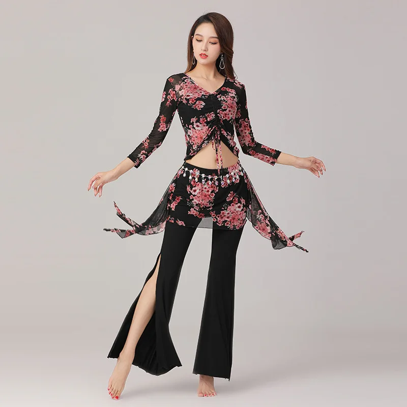 

New Autumn And Winter Belly Dance Large Size Training Clothes Suit Split Pants Indian Dance Thin Performance Clothes
