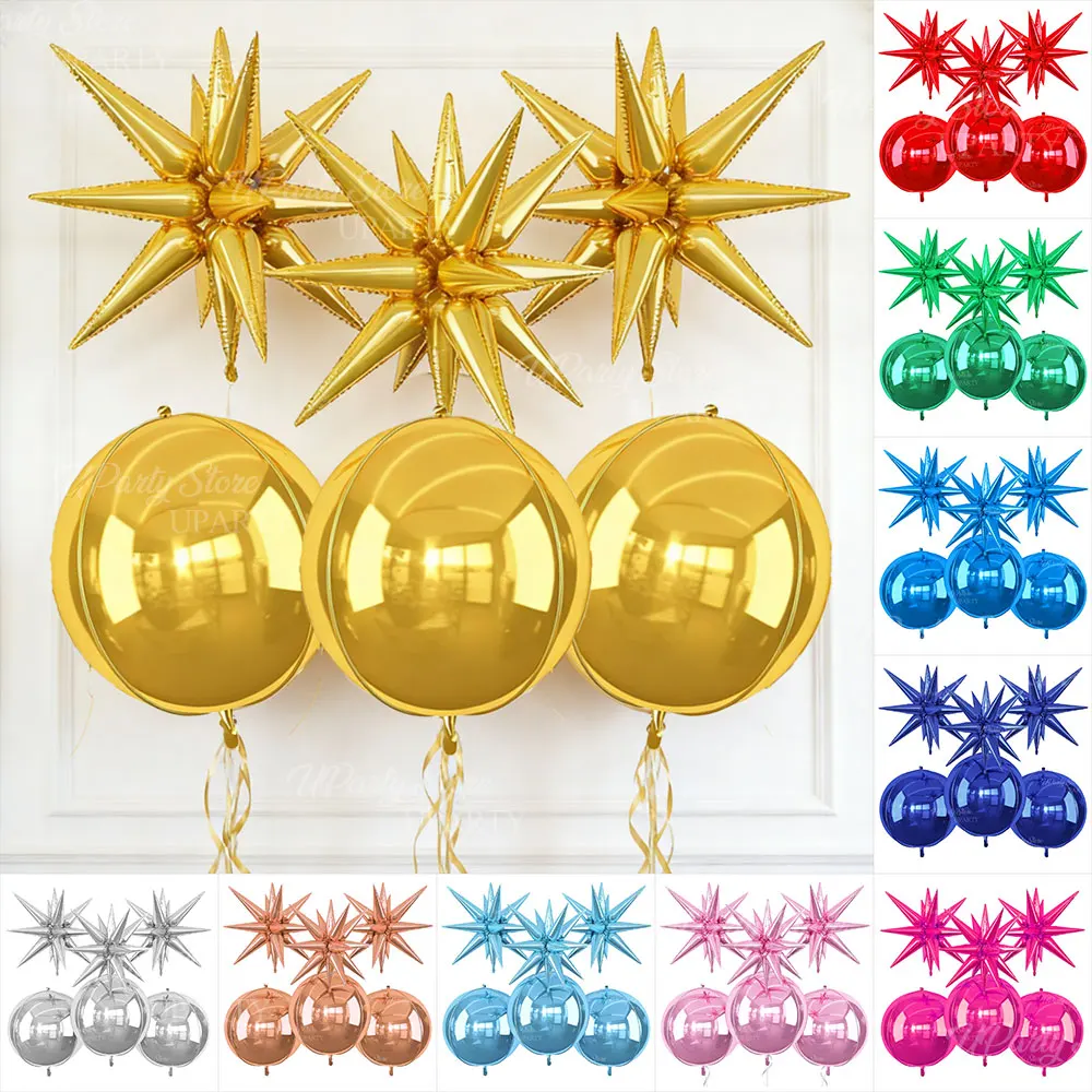 6 Stück Goldstern-Geburtstagsballons, 55,9 cm, 4D, rund, Helium, Globo Starburst Sterne, Folienballons für Hochzeitstag, Party-Dekoration – Detail 1