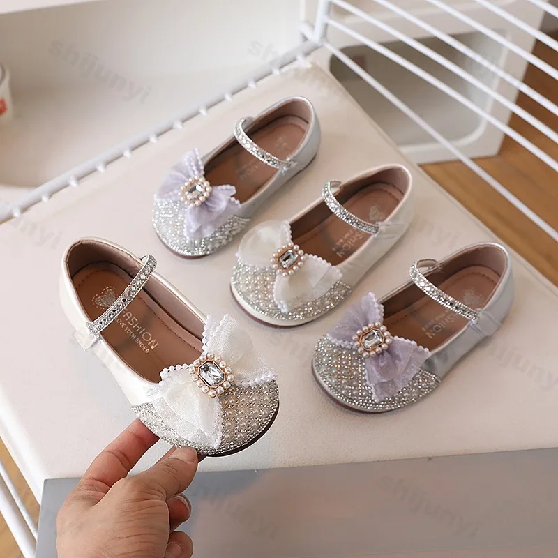 Children Shoes Girls Mary Jane Kids Rhinestone Pearls PU Leather Shoes Party Wedding Children Princess Bowknot Performance Shoe