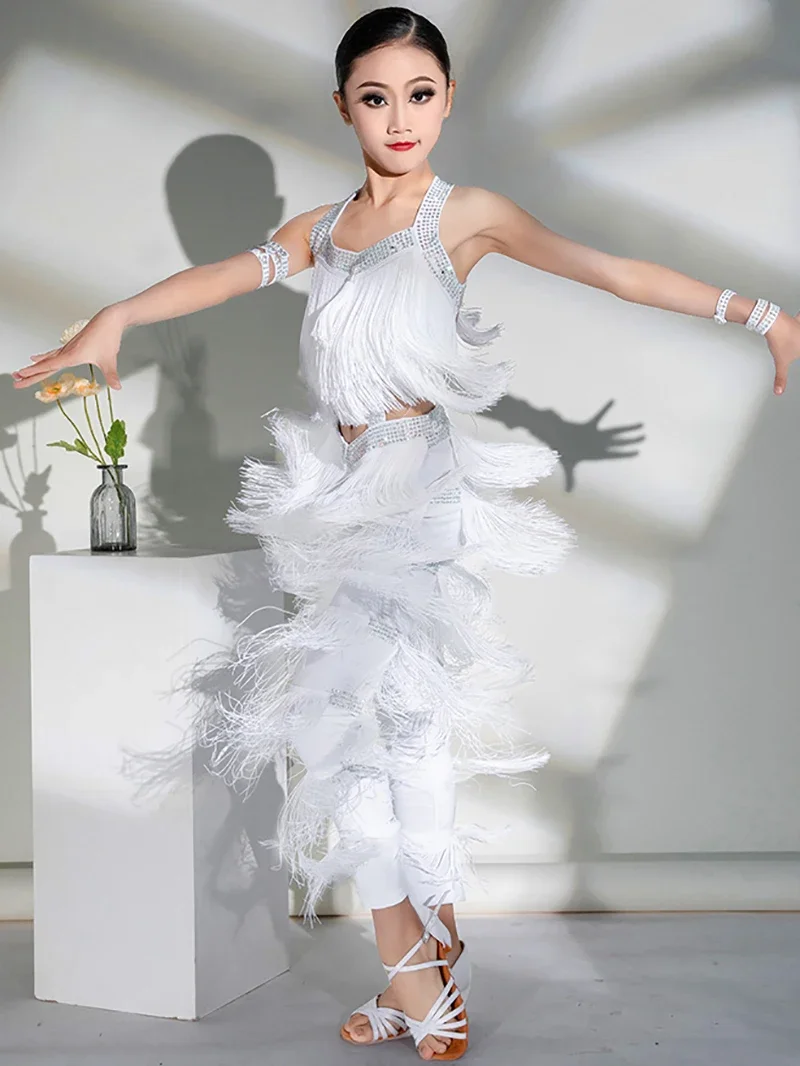 Girls Latin Dance Costume Rhinestone Tassel Tops Pants Cha Cha Rumba Samba Performance Wear Kids Competition Clothing TS497