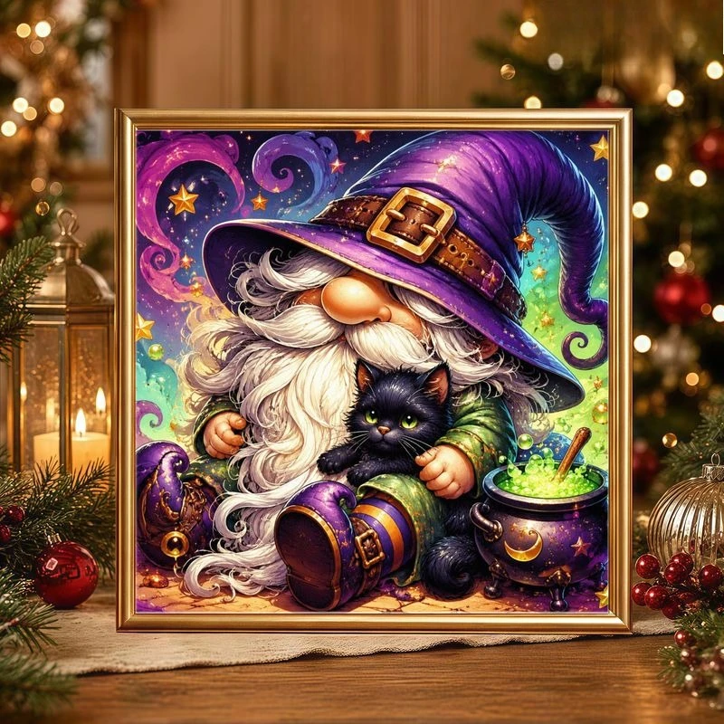 Wizard Bearded Old for Man with Black Cat Pattern Diamond Painting Mosaic Artwork Creative Handmade Home Office Decor Gift