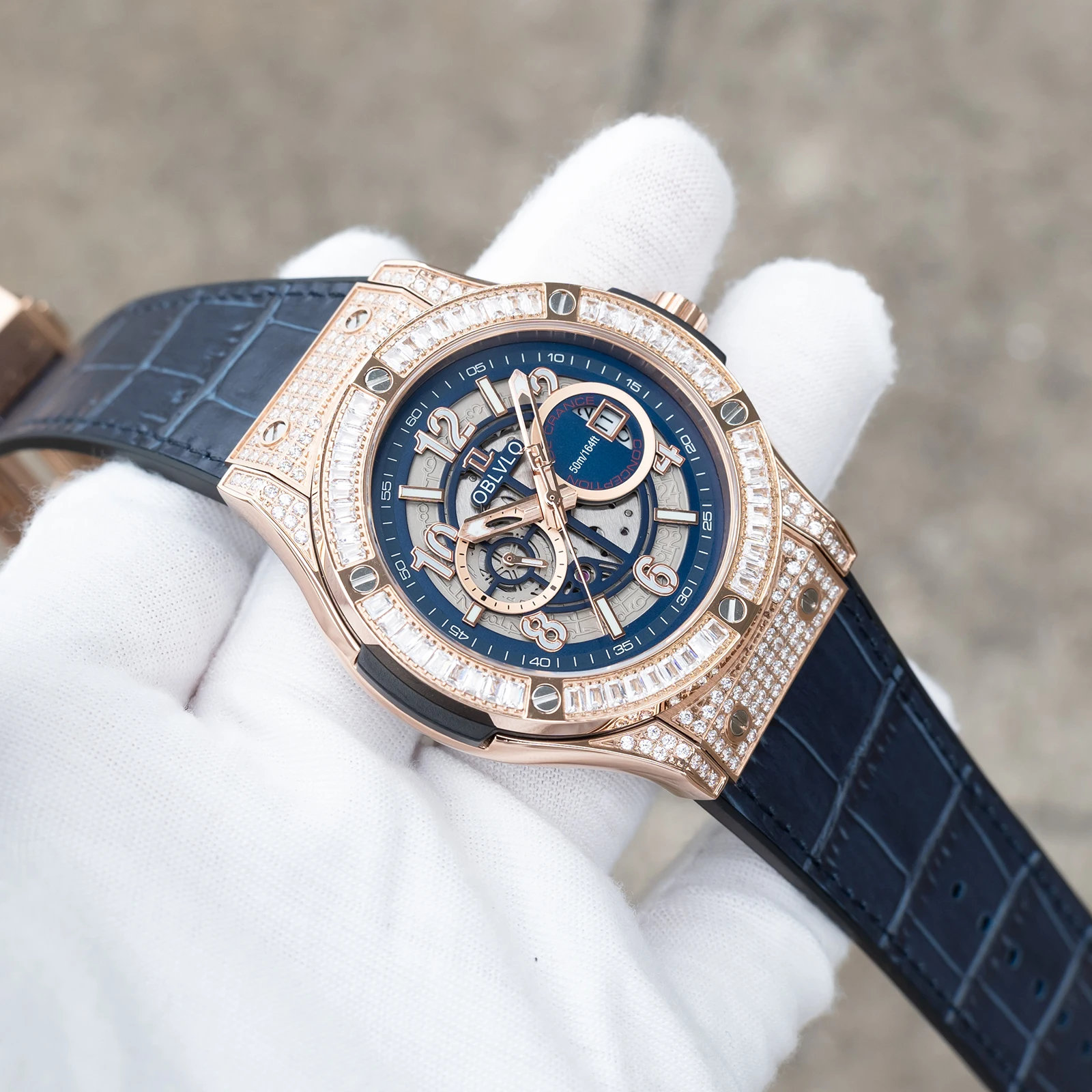

Механические часы OBLVLO Rose Gold Skeleton, автоматические, роскошные, с отображением даты, механизм Miyota, с бриллиантами, кожаный ремешок HM-GT