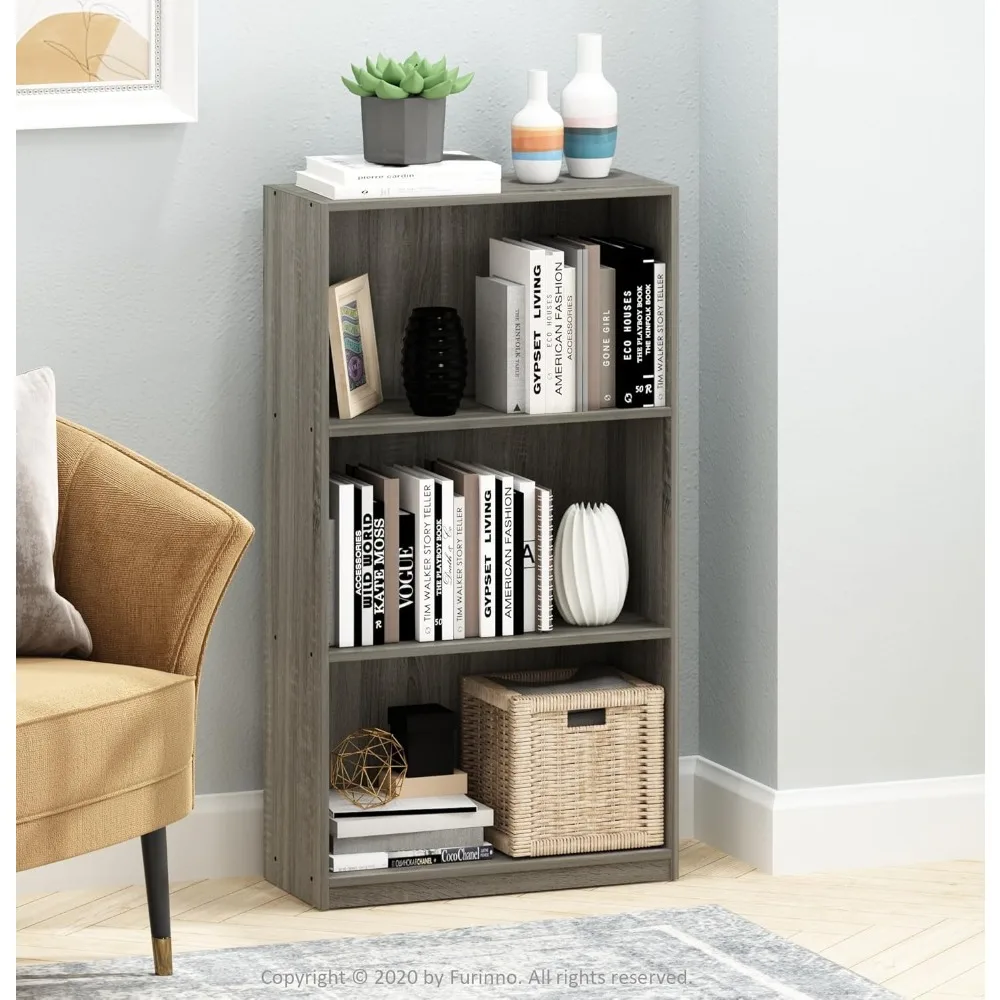 Basic 3-Tier Bookcase Storage Shelves, French Oak Grey