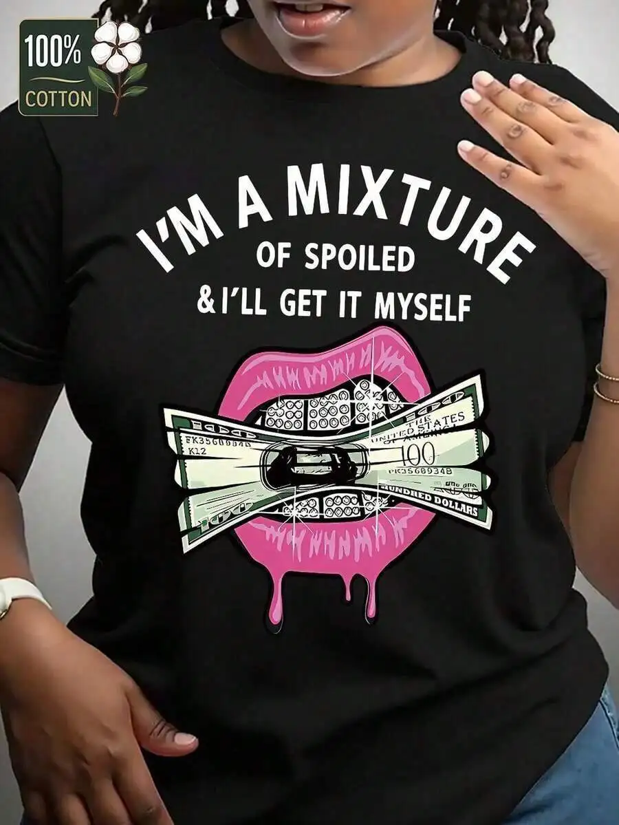 100% Cotton T-Shirt Money & Lips Print Crew Neck T-Shirt, Casual Short Sleeve Top For Spring & Summer, Women's Clothing