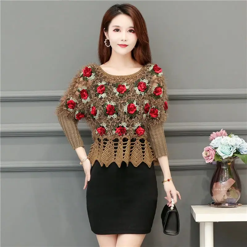 

Новый ажурный свитер с рюшами для женщин, повседневный свободный пуловер с круглым вырезом и рукавами «летучая мышь», вязаный топ, осень-зима 2023 г.