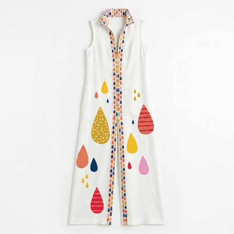 

Yeezzi Women's Fashion Contrast Color Printed Zipper Lapel Jumpsuit 2026 New Summer Sleeveless Loose Casual Wide Leg Overalls