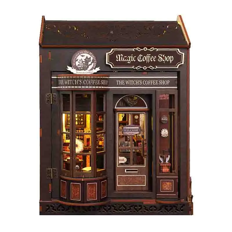Diy livro nook prateleira inserir kits magia café estante de madeira modelo em miniatura kit artesanal estante para amigo presente aniversário