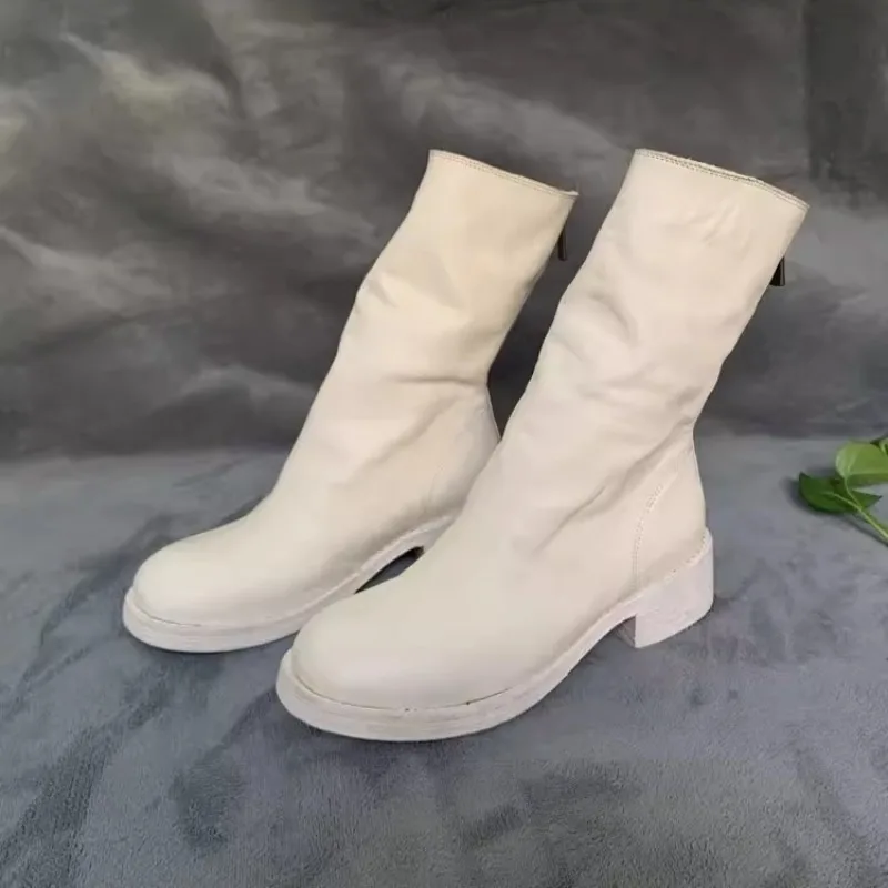 Handcrafted Vintage Men Ankle Boots Back-Zip Wrinkled Horsehide Outdoor Riding Boots Hiking Work Shoes Women Motorcycle Boots