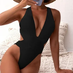 Costume da bagno intero da donna Sexy nero senza schienale costume da bagno intero 2024 con fasciatura incrociata costume da bagno con taglio alto e bagnante arricciato