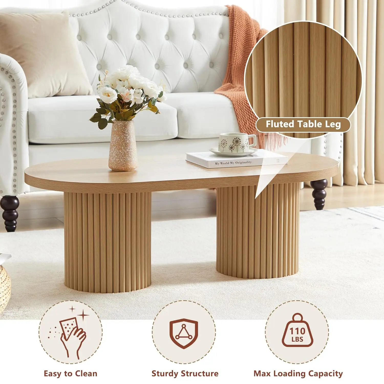 Oval Fluted Coffee Table, Farmhouse Wood Coffee Table Mid Century Modern Center Table Boho Living Room Tables For