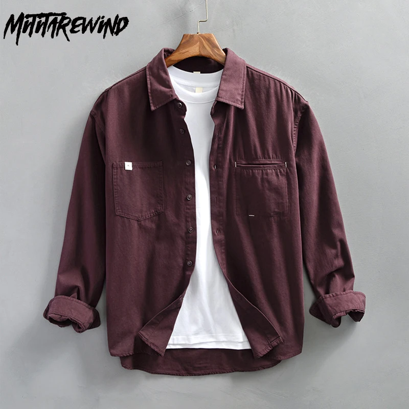 Spring New Men's Shirts Japanese Vintage Work Shirt Casual Lapel Pockets Pure Cotton Long Sleeve Purple Shirt Loose Tops Fashion