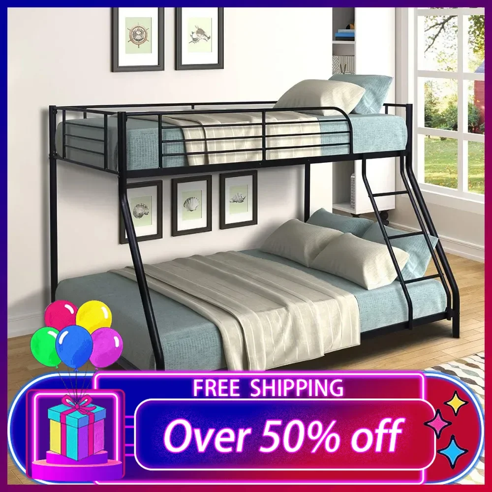 

Bunk Bed Twin Over Full Sturdy Steel Metal Bed Frame with Flat Ladder and Guardrail for Children/Teens/Adults (Black)