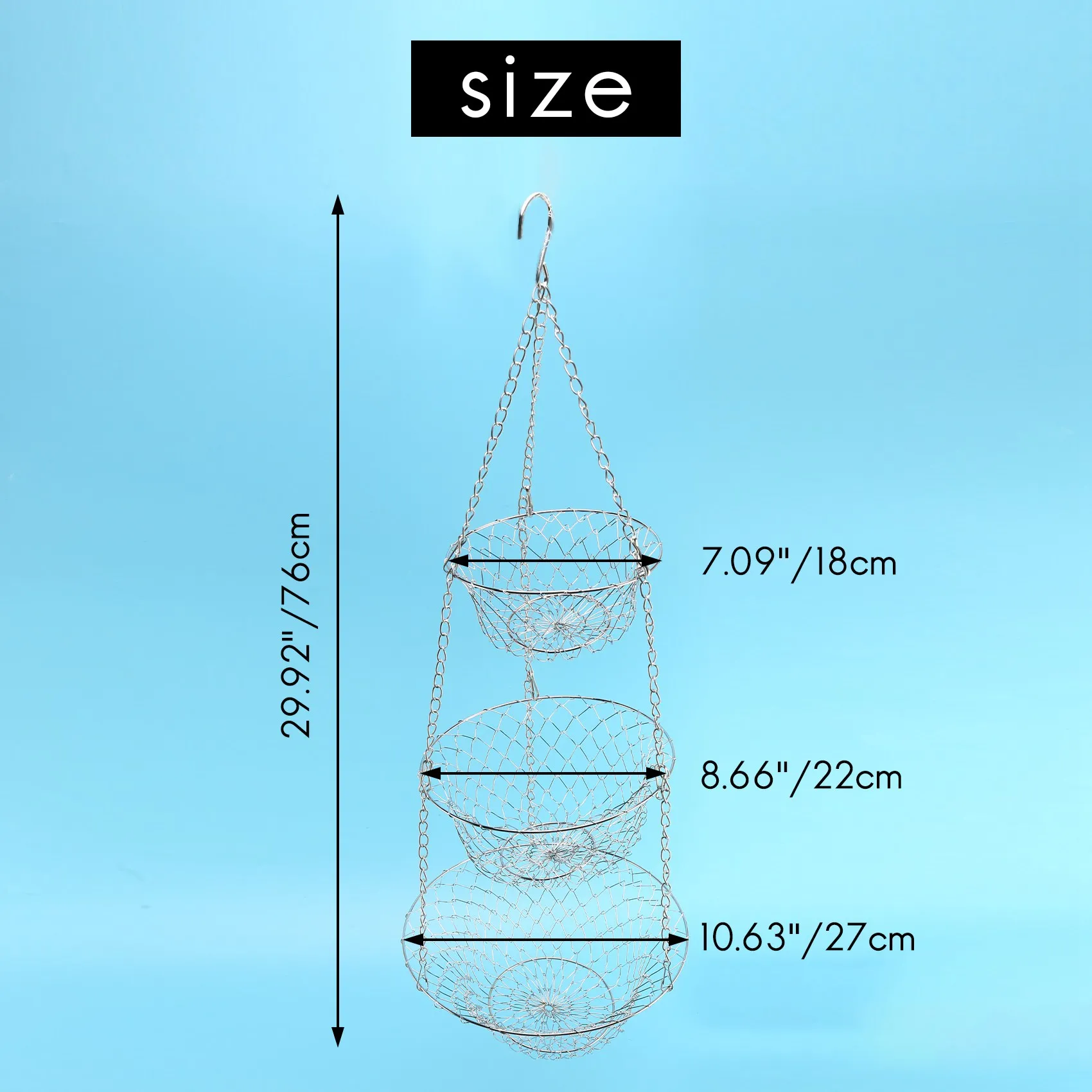 ตะกร้าผลไม้3ชั้นตะกร้าที่เก็บเครื่องครัวผักแขวนโซ่ประหยัดพื้นที่ตะกร้าเก็บผลไม้ (สีเงิน)